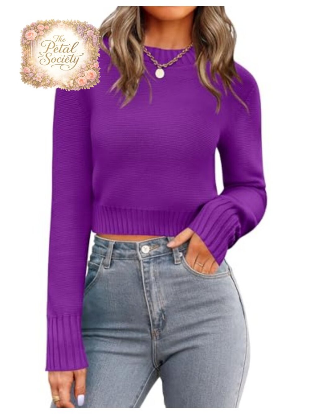 Cropped Crewneck Pullover Sweater Long Sleeve Ribbed Knit Top